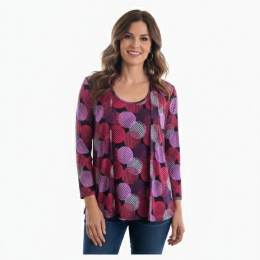 Slinky Brand Geometric Print Tunic Top & Cardigan Set Size L Red Pink Purple